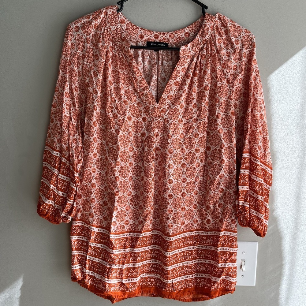 Anne Carson 3/4 Sleeve Blouse Top Women's Size S Orange White Floral V-Neck - Picture 1 of 6
